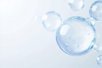 Close-up of three blue water molecule cells floating in the air, abstract background