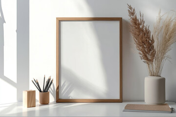  Dark wooden picture frame mockup on a shelf with dried flowers and a mason jar, blank white interior for design, white wall background. Created with Ai