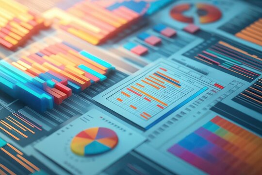 Vibrant data visualization charts and graphs for analytical presentations, showcasing metrics in colorful, engaging designs.