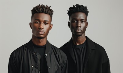 Fototapeta premium Two handsome men in fashion clothes posing on grey background