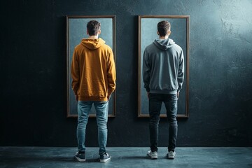 A person standing between two mirrors, one reflecting a confident, happy self and the other showing a worried, fearful version, symbolizing positive vs negative thinking