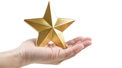 Hand holding  a gold review star isolated on transparent background, png