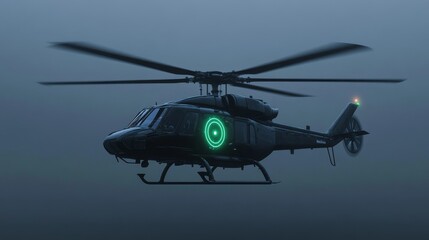 A sleek black helicopter with a green light, flying through a foggy sky, symbolizing speed, power, and mystery.