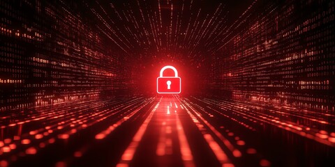 Red glowing padlock icon in a dark room with red glowing binary code background.