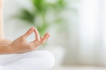 Closeup woman hand yoga lotus position at home. Breathing, Working out, Meditation, wellness concept