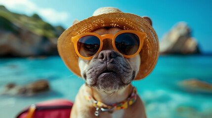 Funny portrait of a dog wearing sunglasses and straw hat on a tropical beach. French bulldog or PUG wearing sunglasses and hat on the beach.