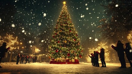 People singing Christmas carols near a tall green tree with sparkling red and gold decorations, snow falling gently outside.