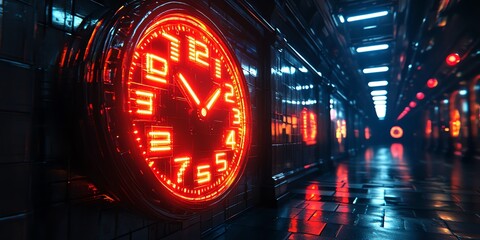 Red neon clock in a futuristic hallway.