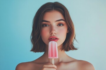 Portrait of beautiful young woman eating delicious ice cream