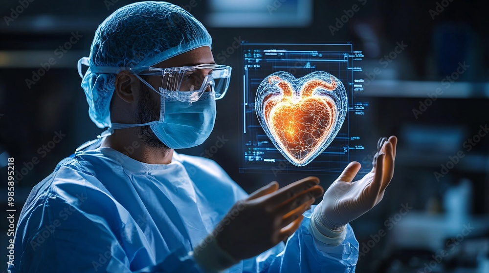 Poster a cardiologist analyzing a 3d hologram of a heart floating in mid-air to plan a precise surgery larg
