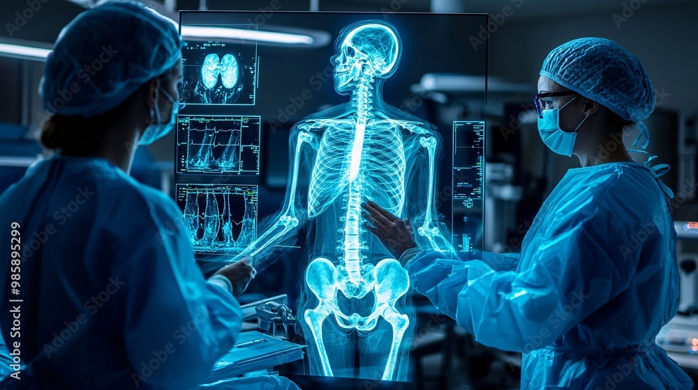 Aufkleber An orthopedic surgeon preparing for surgery by examining a 3D hologram of a skeletal structure in a high-tech operating room Large space for text in center Stock Photo with copy space