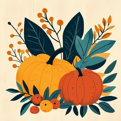 Naklejka premium Festive Thanksgiving Promotional Graphic with Retro Fall Vibes, Pumpkins, and Leaves for Seasonal Marketing Materials