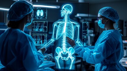 An orthopedic surgeon preparing for surgery by examining a 3D hologram of a skeletal structure in a high-tech operating room Large space for text in center Stock Photo with copy space