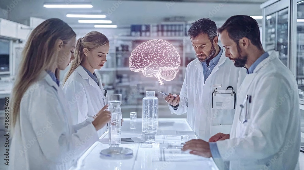 Poster a team of neurologists studying a 3d hologram of a human brain to diagnose neurological conditions a