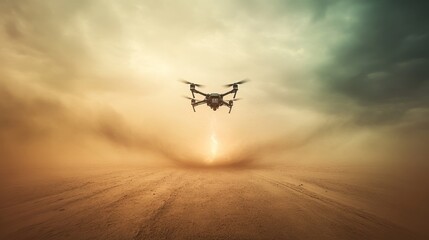 Obraz premium A futuristic drone capturing a high-definition tornado in the middle of a sprawling desert, with advanced data overlays, Sci-Fi, High Contrast, Photography