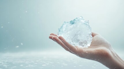 A human hand holding a melting glacier fragment, depicting the fragile state of Earth's ice reserves. Global warming, Ice melt