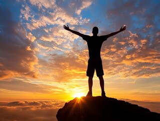 Fototapeta premium A person standing on a cliff, arms wide open, embracing the sunrise, representing a hopeful and positive outlook on life