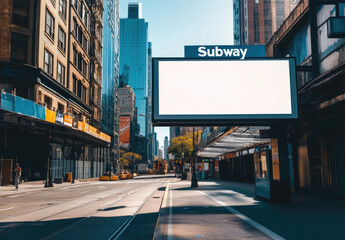 A photograph of a large billboard with a white blank screen and the word "Subway" written on top of it. Created with Ai