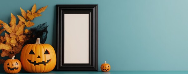 Autumn decor featuring a black frame, pumpkins, and vibrant leaves, ideal for Halloween and seasonal celebrations.