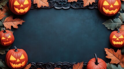 Spooky Halloween frame featuring carved pumpkins and autumn leaves, perfect for festive decorations and seasonal celebrations.