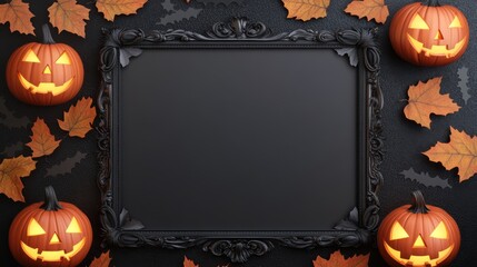 Spooky Halloween scene featuring a blank frame, illuminated pumpkins, and autumn leaves against a dark background.