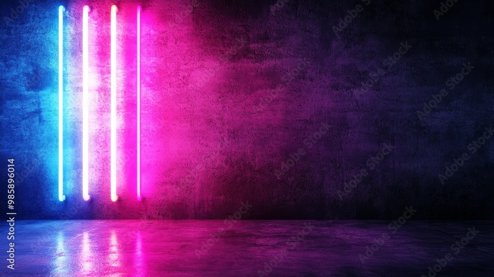 Poster a striking image of three neon lights illuminating a concrete wall, creating a vibrant and modern ba