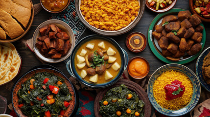 Fototapeta premium Traditional African Feast with Diverse Dishes for Kwanzaa Celebration