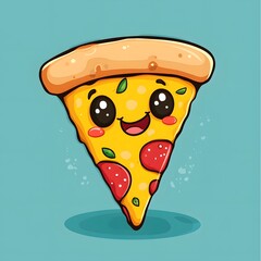 Cute cartoon pizza slice with smiling face and pepperoni in playful style	