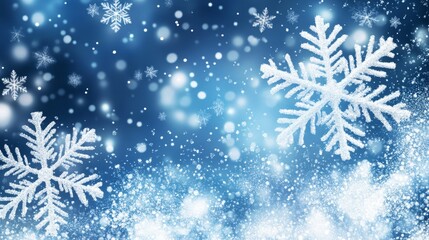 A stunning winter background featuring large, intricate snowflakes falling on a blue background with sparkling bokeh lights.  This image evokes a sense of peace, wonder, and the magic of the holiday s