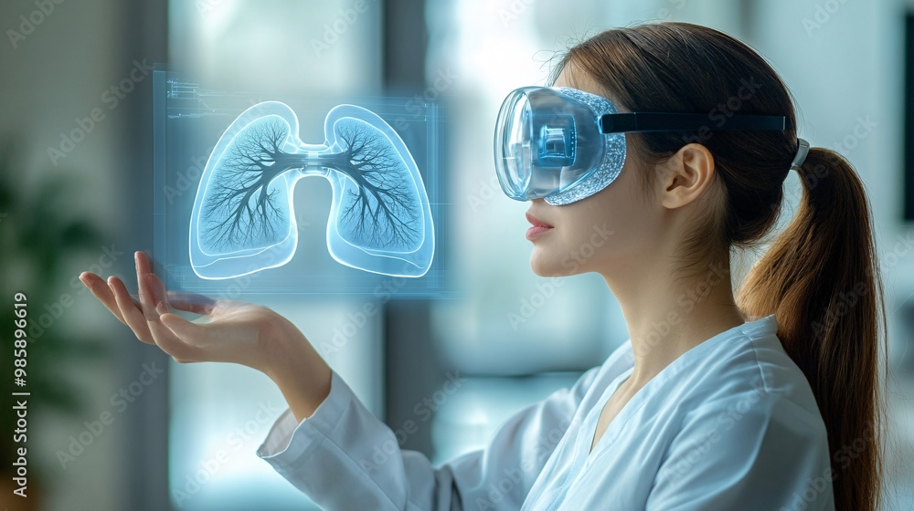 Aufkleber A doctor manipulating a 3D hologram of lungs to demonstrate respiratory issues and prepare for treatment of a lung condition Large space for text in center Stock Photo with copy space