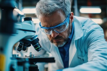 A Scientist in a Lab Coat Looks Through a Microscope