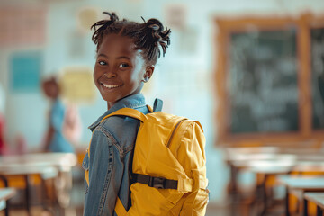 American african school girl with backpack on blurred classroom background