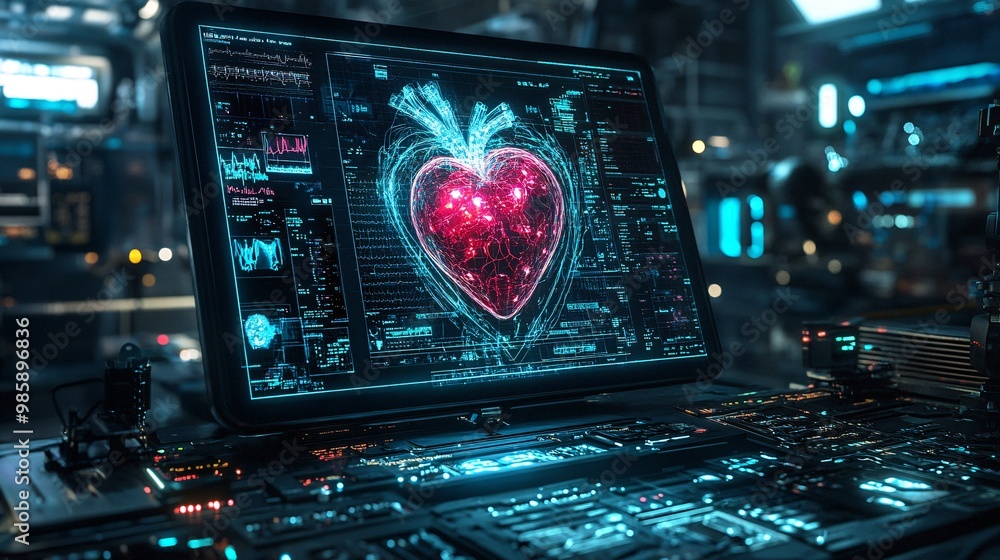 Poster a high-tech medical office where a holographic heart is being examined for potential cardiac surgery