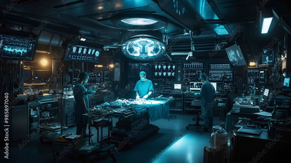 Aufkleber A futuristic operating room featuring surgeons utilizing 3D hologram technology for visualizing bone structures and complex surgeries Large space for text in center Stock Photo with copy space