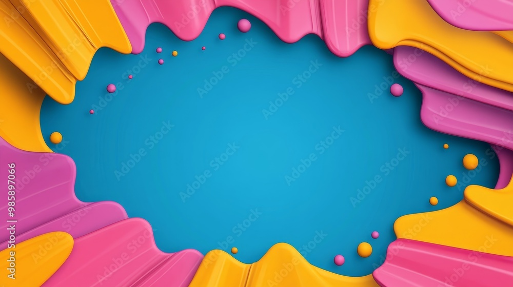 Poster a vibrant and playful abstract background template with a blue center and a pink and yellow border. 