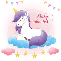 A cute unicorn is sleeping on a cloud with a baby shower banner in the background. The unicorn has a purple mane and tail, and is surrounded by stars.