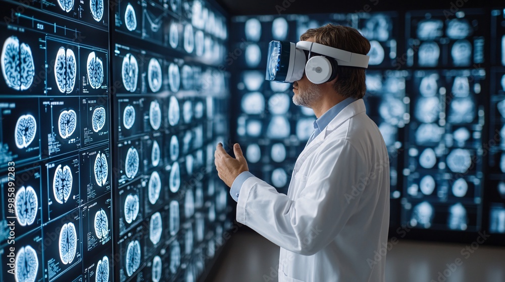 Poster A neurologist using advanced 3D holographic imaging to inspect a patients brain and assess neurological function Large space for text in center Stock Photo with copy space