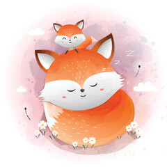 A heartwarming illustration of a big fox sleeping peacefully on a bed of flowers, while a smaller fox is sitting on its back and also sleeping. The background is a soft, pastel pink with white clouds 