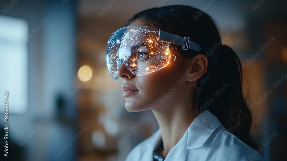 Fototapete A neurologist using advanced 3D holographic imaging to inspect a patients brain and assess neurological function Large space for text in center Stock Photo with copy space