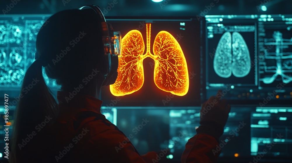 Aufkleber doctors interacting with a 3d hologram of human lungs displayed in mid-air to diagnose respiratory p