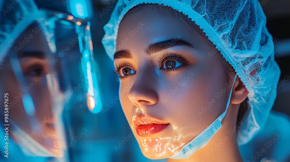 Poster a plastic surgeon examining a hologram of a patients face to plan aesthetic changes with high accura