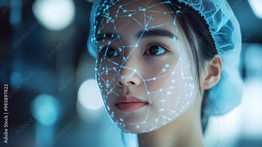 Poster a plastic surgeon examining a hologram of a patients face to plan aesthetic changes with high accura