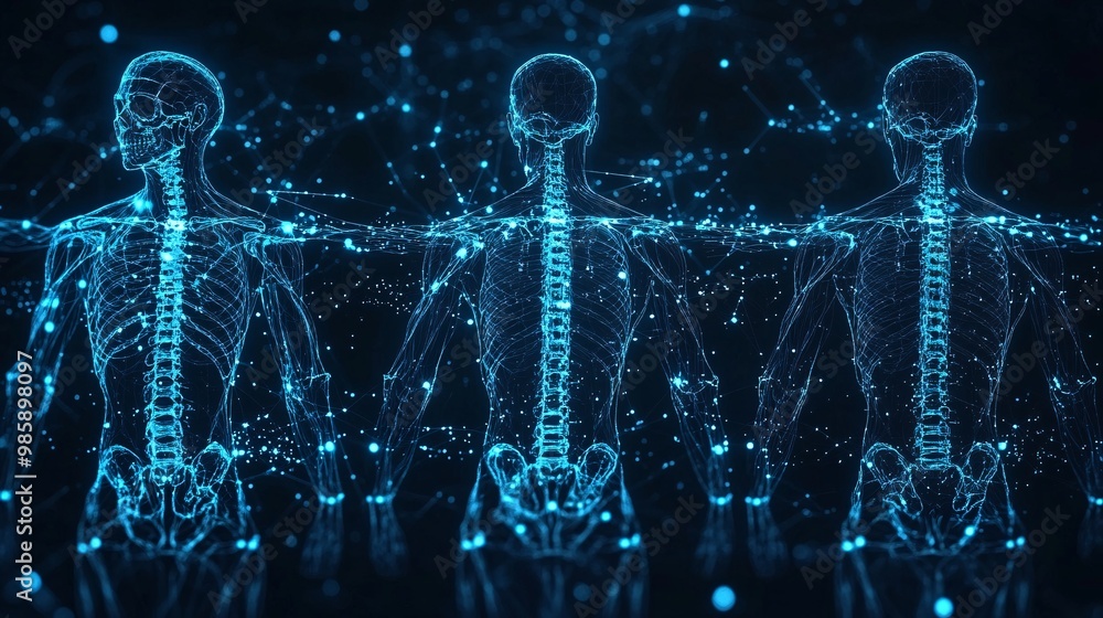 Aufkleber A group of orthopedic surgeons discussing surgical plans using a hologram of the human skeletal system projected in front of them Large space for text in center Stock Photo with copy space