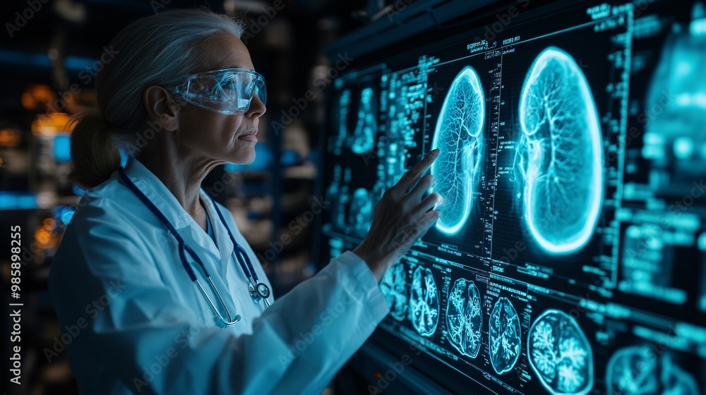Poster a physician studying a 3d hologram of the lungs to detect signs of pulmonary diseases and prepare a 