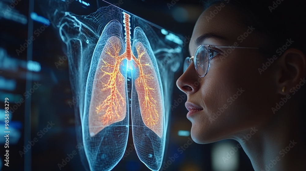 Poster a physician studying a 3d hologram of the lungs to detect signs of pulmonary diseases and prepare a 