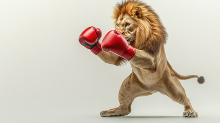 Powerful lion wearing boxing gloves ready to fight