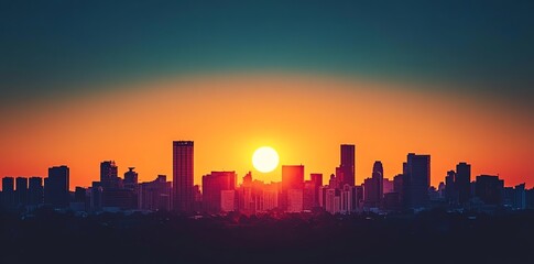 Fototapeta premium Silhouettes of buildings in a city at sunset with the sun shining brightly.
