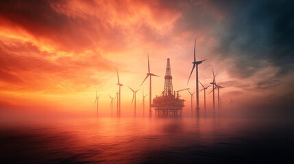 Obraz premium The image shows wind turbines silhouetted against a vibrant sunset sky