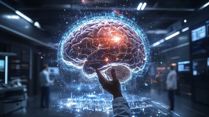 A team of neurologists using 3D hologram technology to study brain activity and plan surgeries for neurological disorders Large space for text in center Stock Photo with copy space