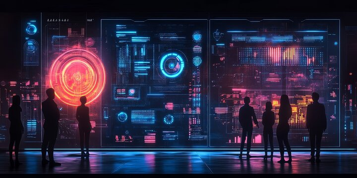Silhouettes of people standing in front of a futuristic digital screen displaying complex data.